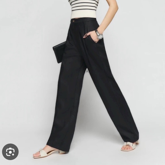 Reformation Mason Linen Pleated High Waist Wide Leg Trouser Pants in Black - Picture 2 of 6